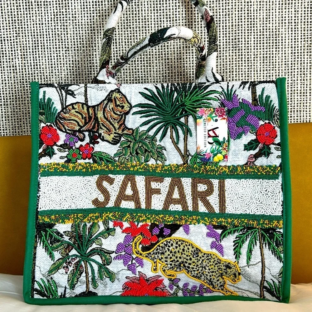 V&B Limited Edition Safari Beaded Tapestry Tote Bag Jungle Print Green Strap NEW